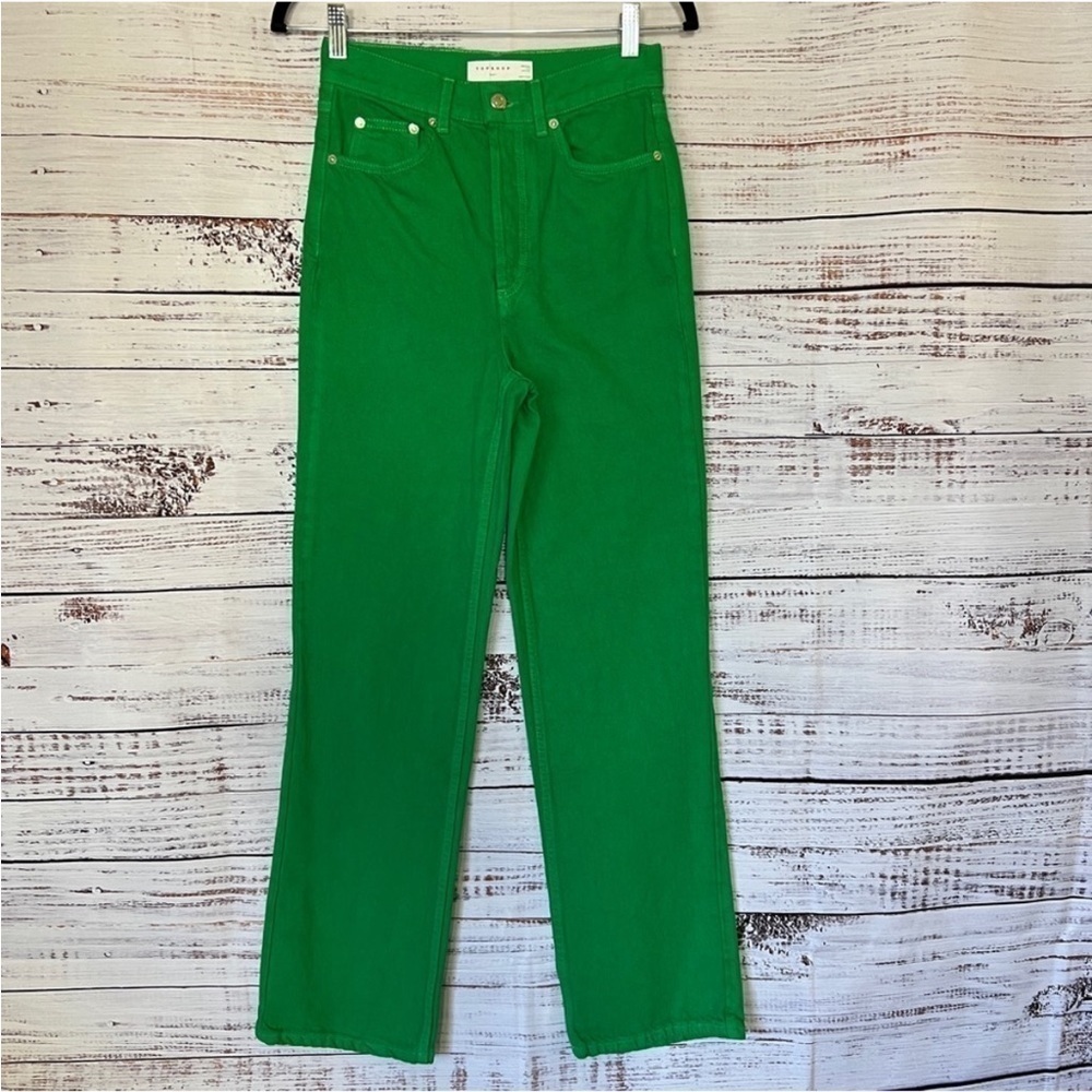 Topshop Kort High Rise Bright Green Jeans never worn Size 2 Wide Leg - Picture 3 of 8